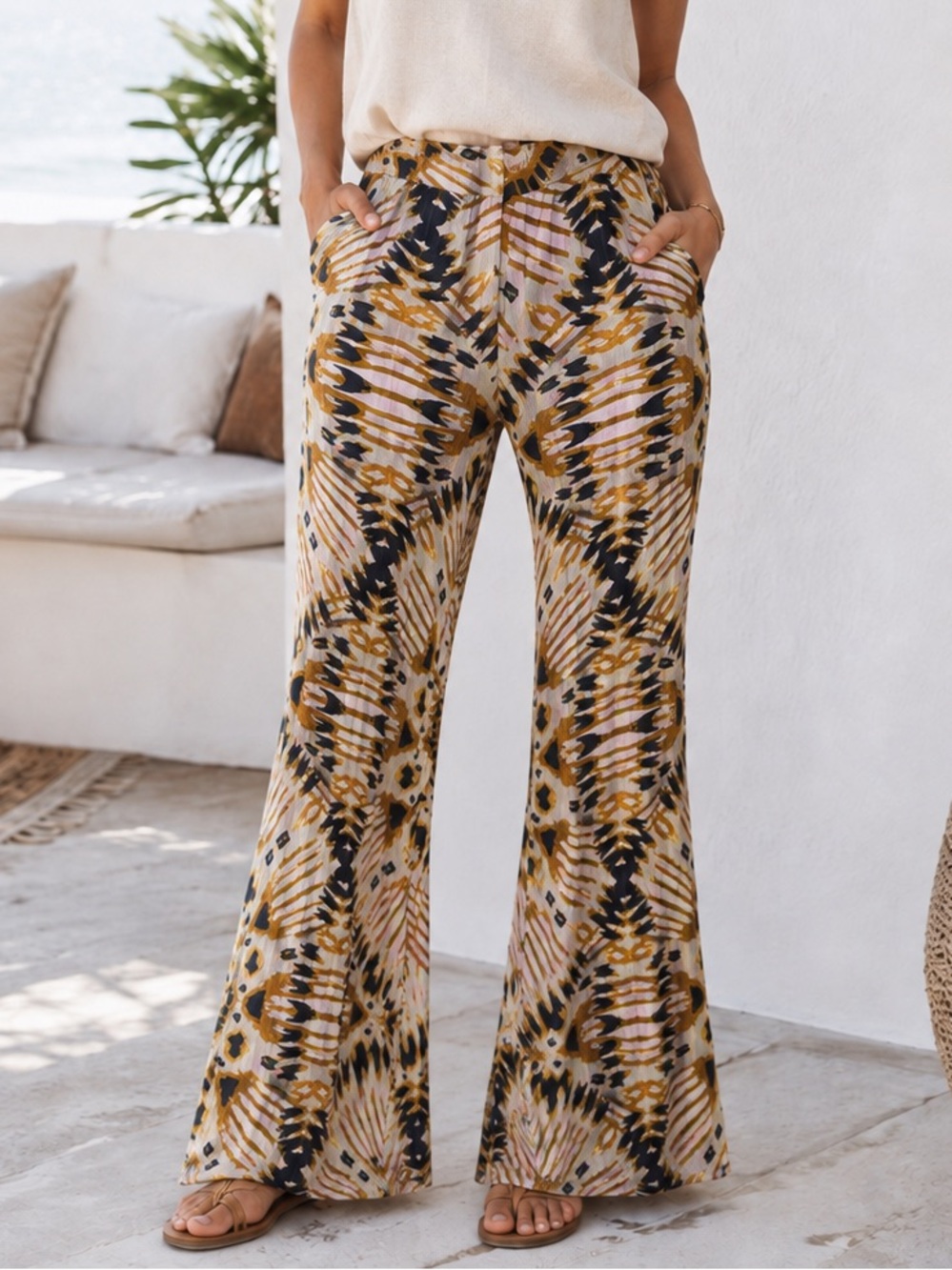 ba&sh Lady Pants Size M Abstract Print Wide Leg Viscose Trousers Boho Coastal